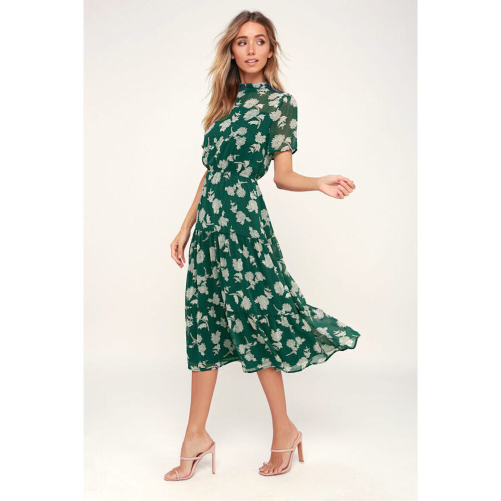 Lulus Floral Dressed Up Dark Green Floral Print Midi Dress - Size M